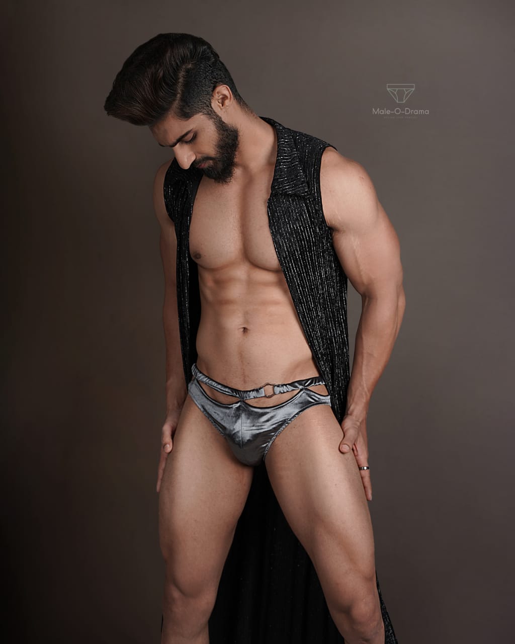 Grey Velvet Lycra Brief with a cape