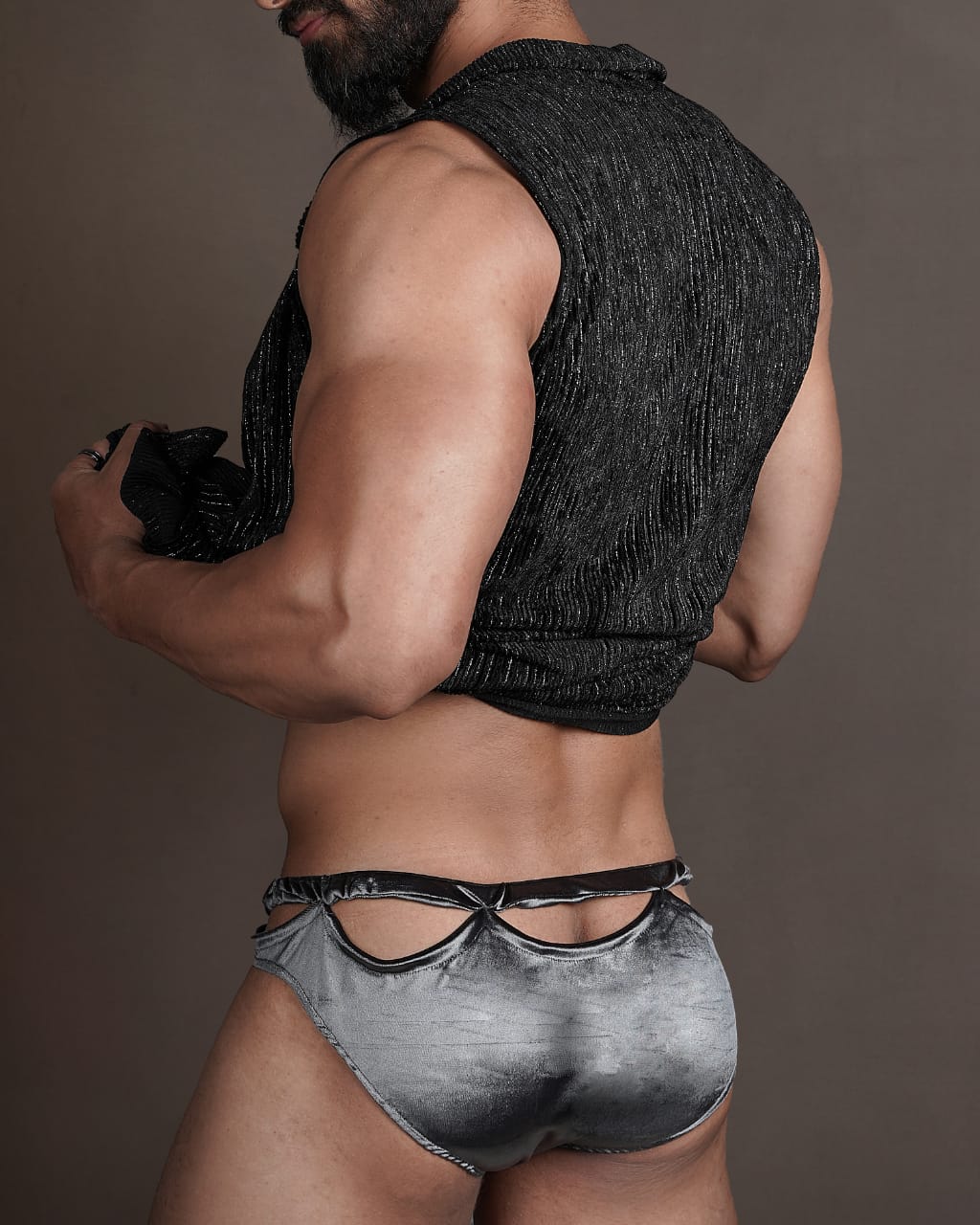 Grey Velvet Lycra Brief with Scalloped design and buckle