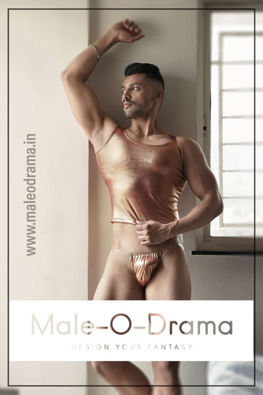 Coords set in copper metallic Lycra, A brief and a Vest