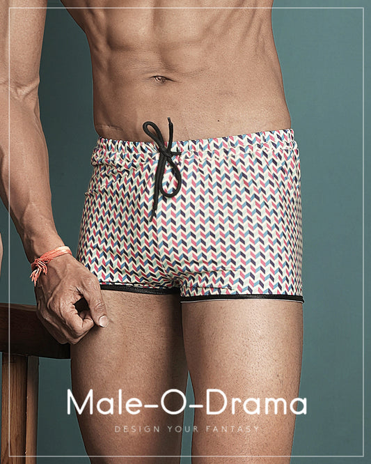 Houndstooth check trunk with black strap and tie up string.